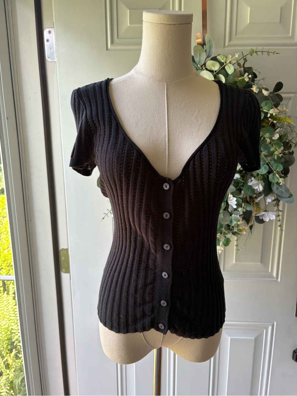 PAIGE Black Lace Short-Sleeve Knit Top